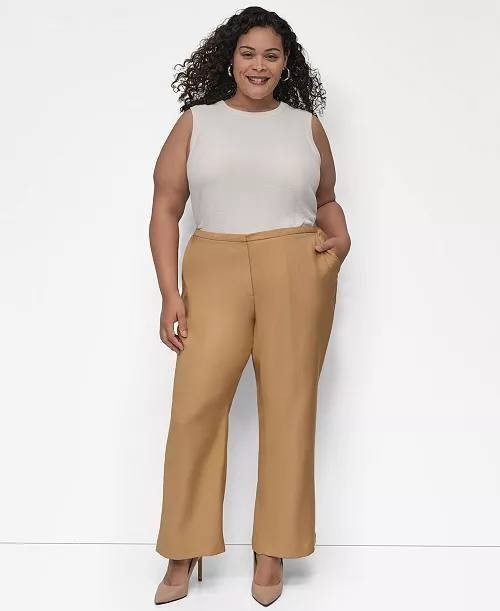 DKNY Plus Sueded Canvas High‑Rise Pants Beige 12 NWT $99