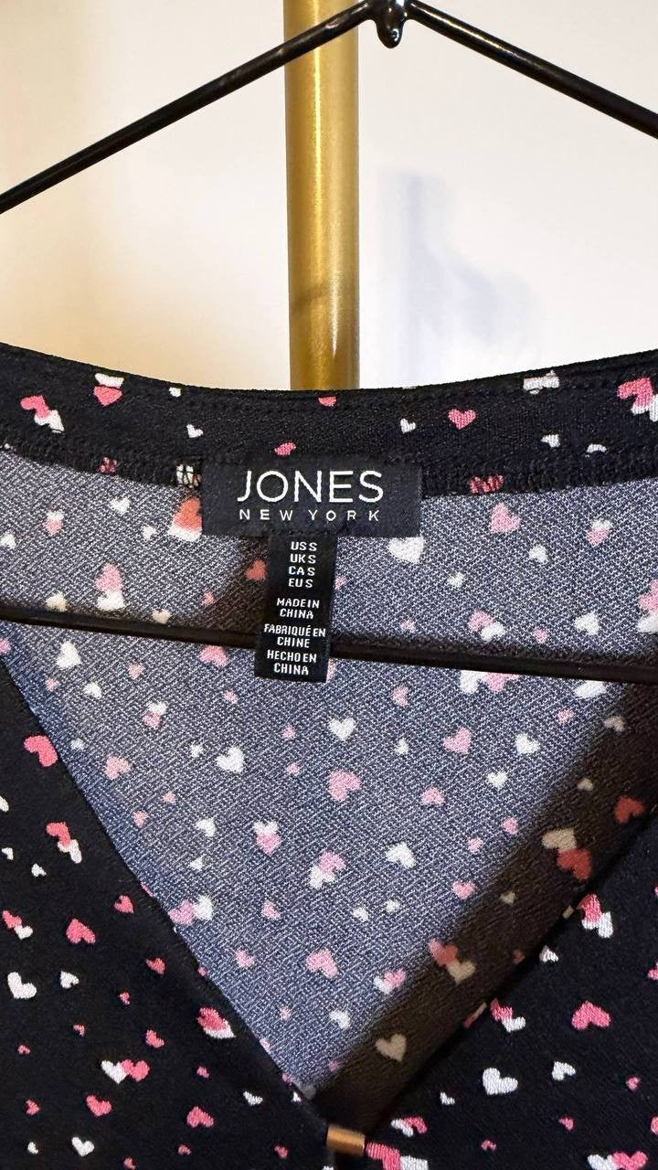 Jones New York Heart‑Print 3/4 Sleeve Crepe Top Black Multi S $59.50 NWT