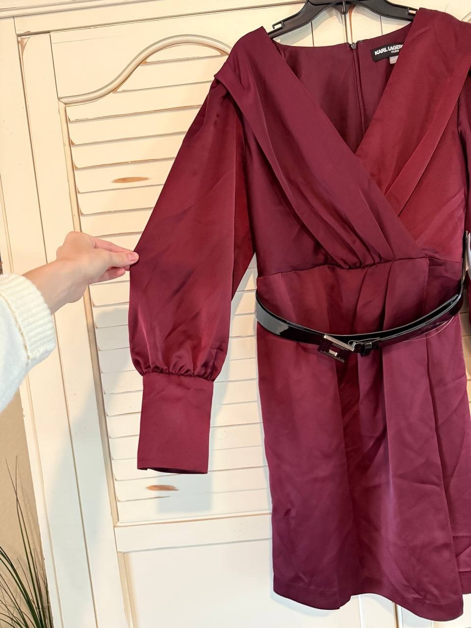 Karl Lagerfeld Paris Belted Satin Crepe Dress Burgundy Size 2 NWT $158