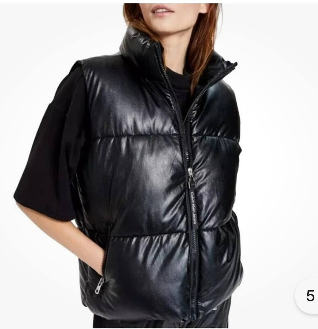 Calvin Klein Jeans Women's Puffer Vest NWT Black Shiny Faux Leather Size S