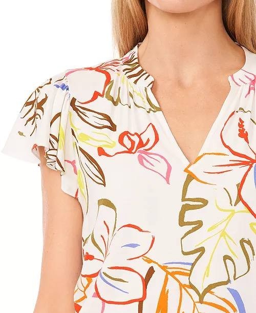 CeCe Tropical Print V‑Neck Flutter Sleeve Blouse – Size XL – NWT – $69