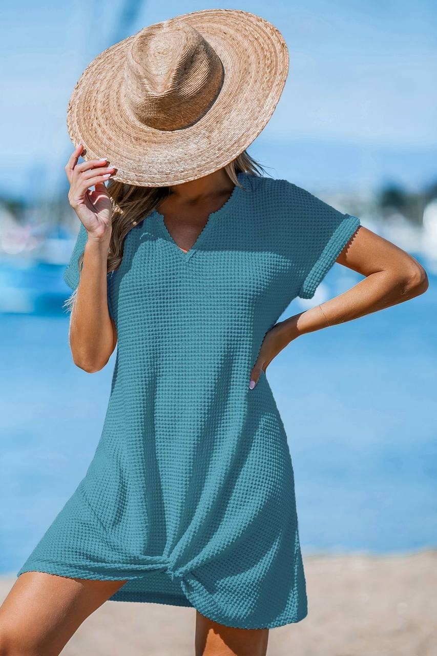 Cupshe Blue Waffle Knit Mini Dress Size L NWT Short Sleeve Beachwear