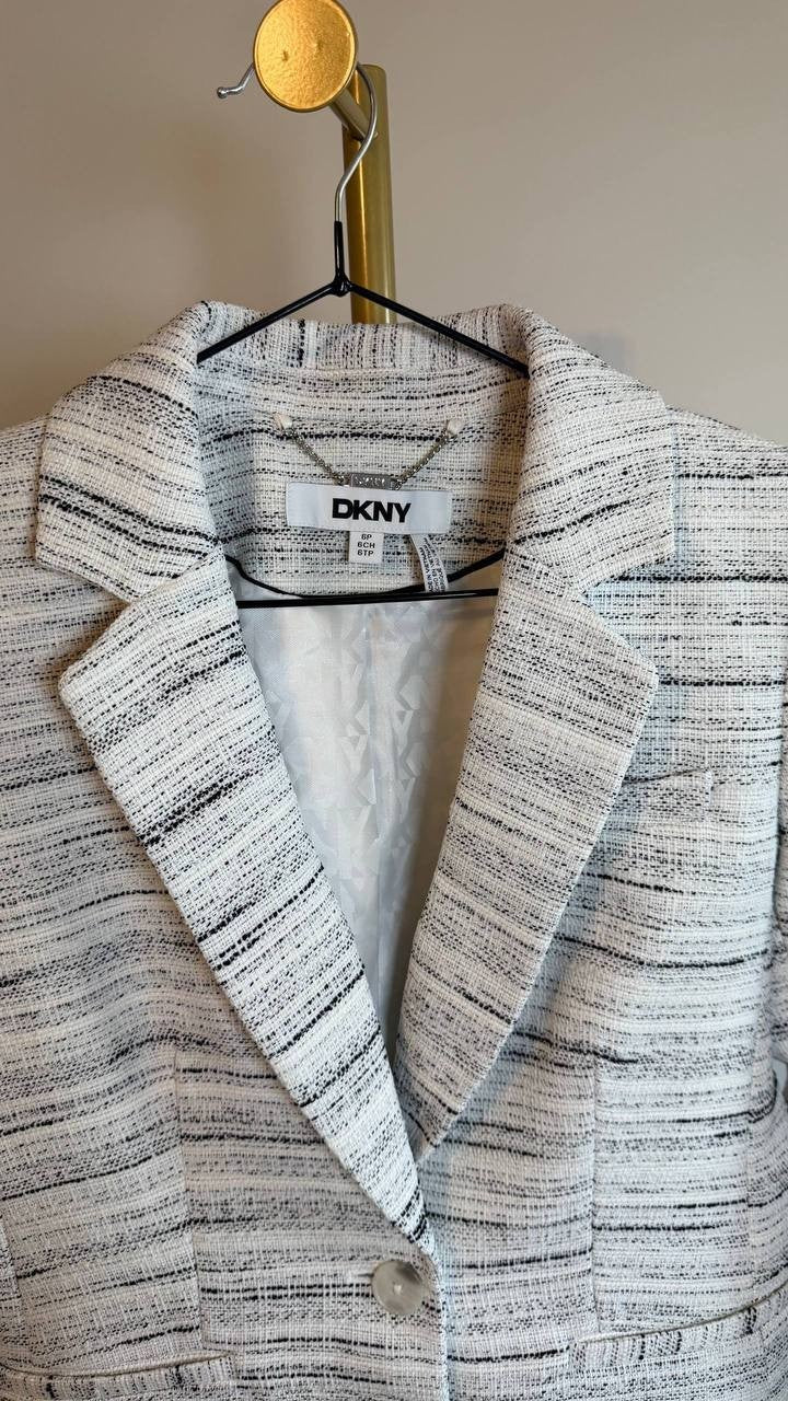 DKNY Women’s White Tweed Notch-Collar One-Button Long Blazer Size 6P NWT $179