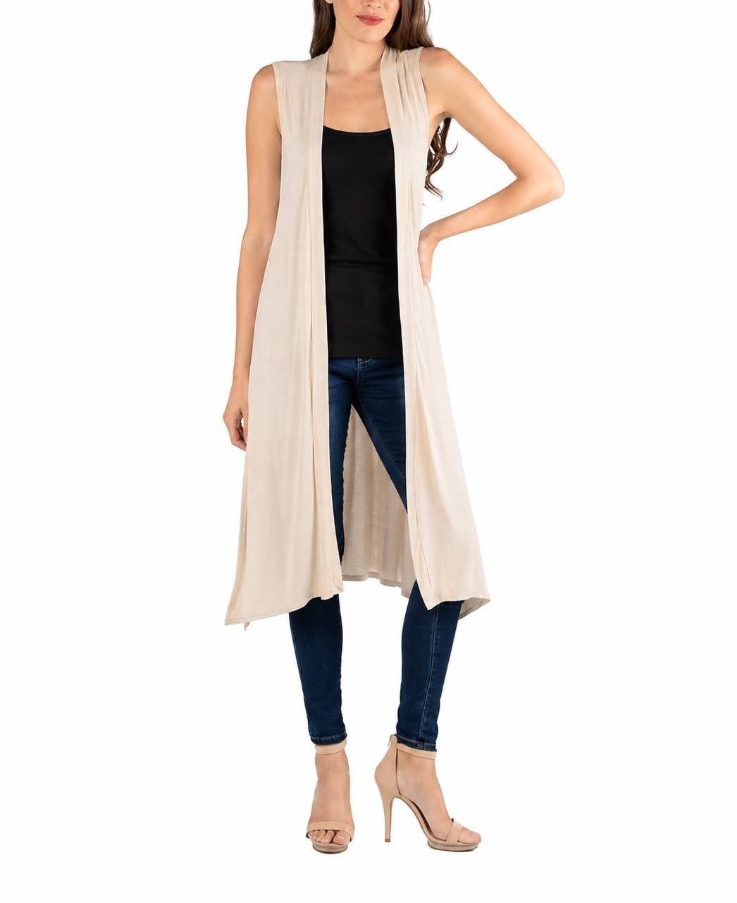 24seven Comfort Apparel Long Side-Slit Cardigan Vest Oatmeal XL NWT $59.99