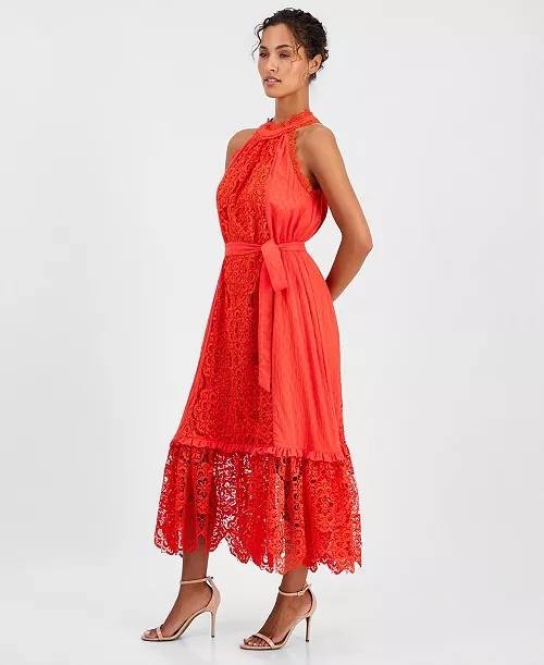 T Tahari Sleeveless Halter Lace Maxi Dress Bright Poppy S/P NWT $178