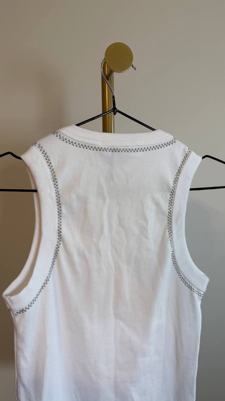 DKNY Rhinestone Trim Ribbed Tank Top White  Size PS NWOT needs washing