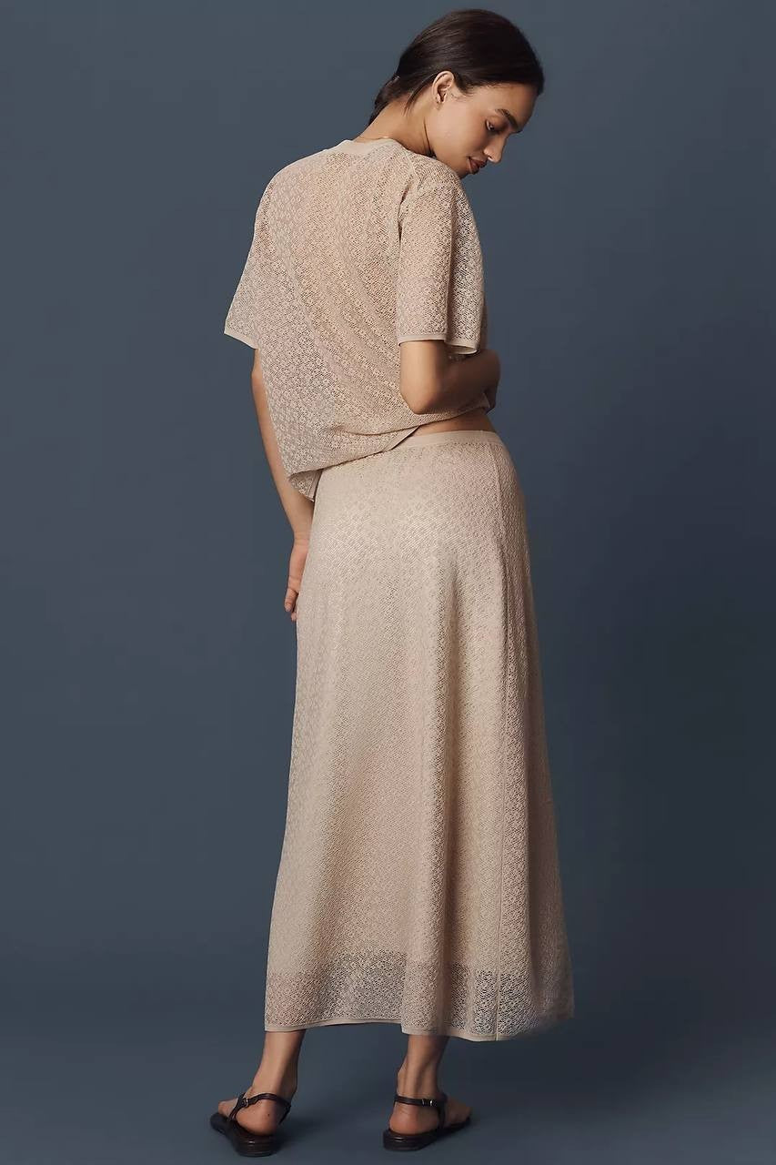 Theory Floral Lace A-Line Midi Skirt Taupe 2P Petite Pull-On High-Rise