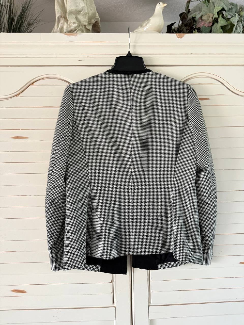 Anne Klein Jacket 8 Black White Houndstooth Collarless Braid Trim Career NWT