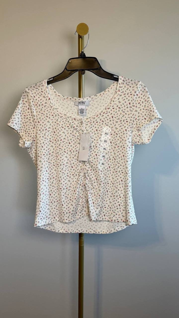 Just Polly Cotton Pointelle Henley Tee Ivory/Pink XL NWT $22