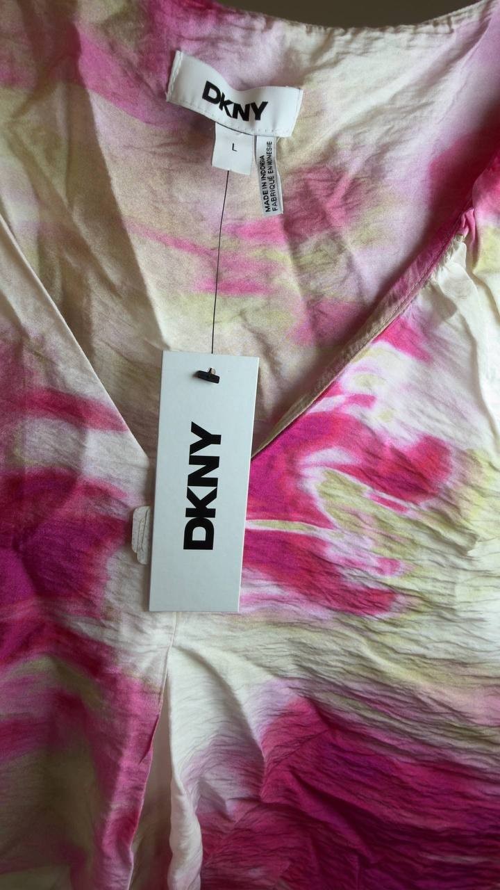 DKNY Floral V Neck Cap Sleeve Top Size L NWT Multicolor Abstract Print