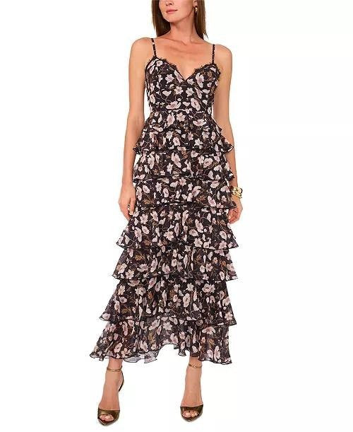 1.STATE V‑Neck Tiered Floral‑Print Maxi Dress Reach Black L NWT $139