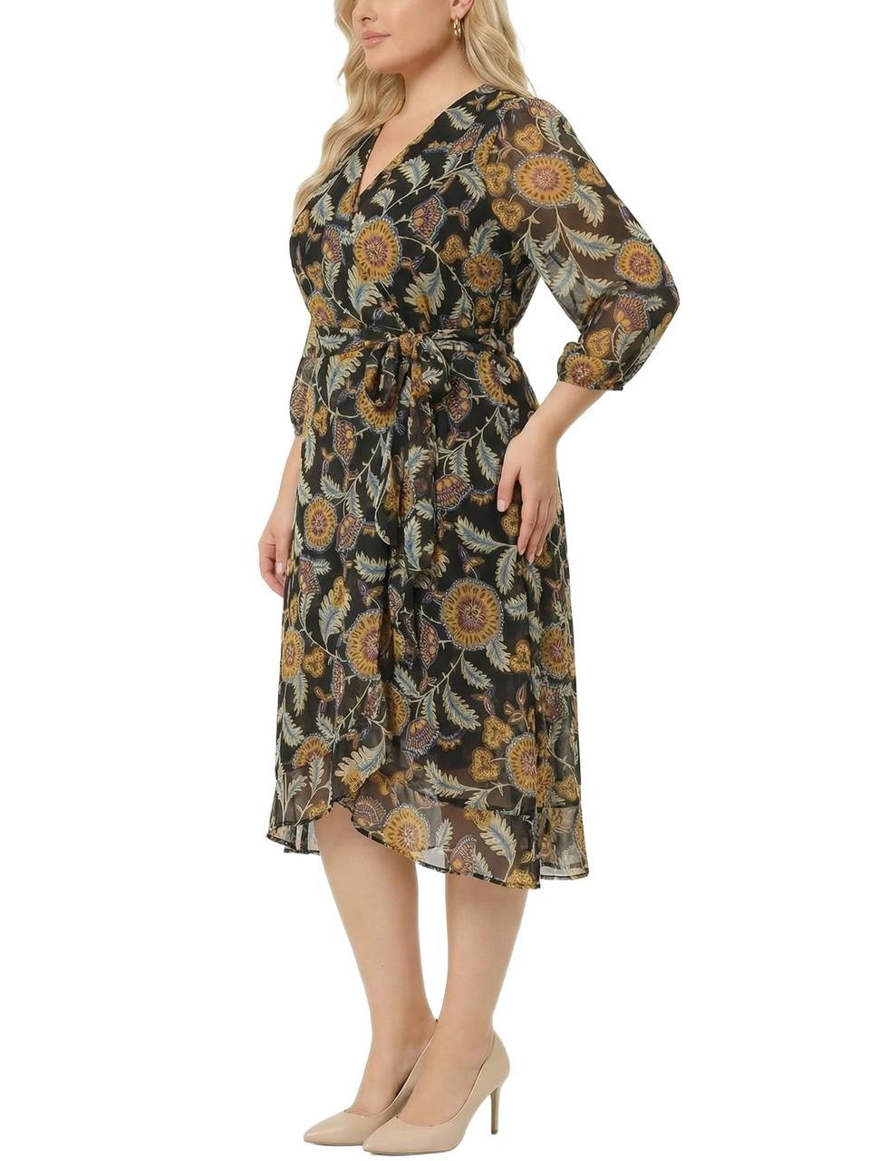 NY Collection Plus V-Neck  Belted Chiffon Dress Black Flowers 1X NWT $45,99