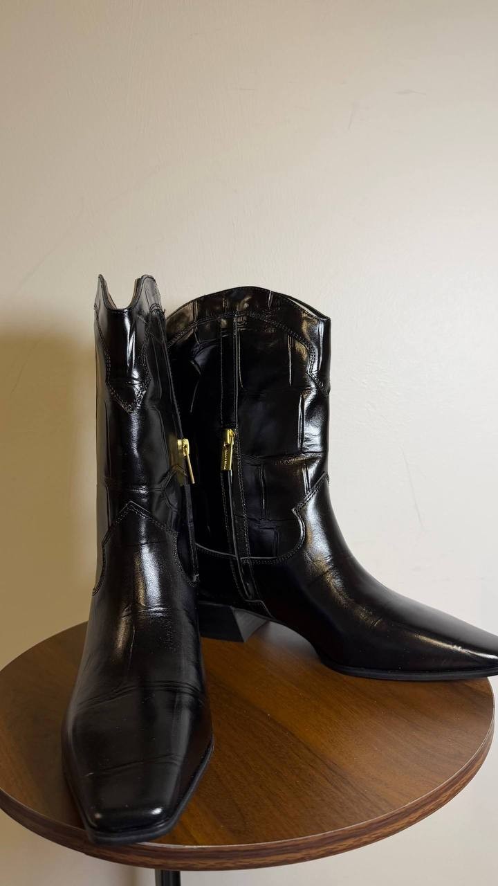 Vince Camuto Prilie Square‑Toe Western Leather Boots Black 7.5M NWB $169
