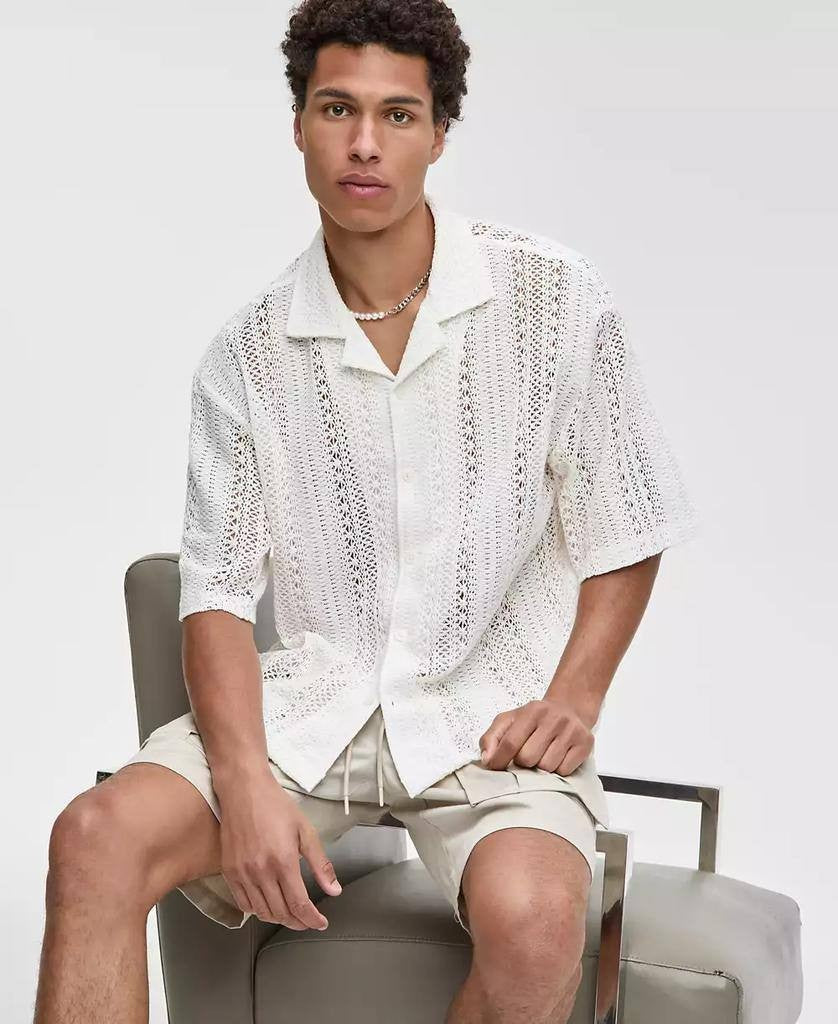 Mode of One Men’s Relaxed‑Fit Textured Crochet  Camp Shirt M $49.50 NWT