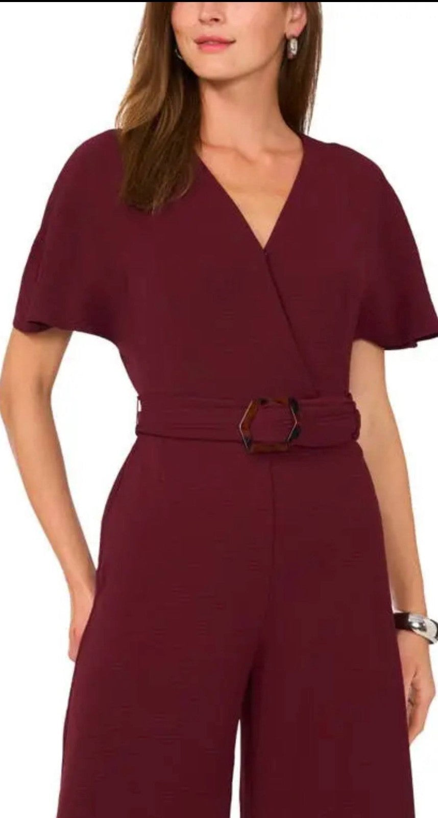 Vince Camuto Open‑Back Wide‑Leg Belted Jumpsuit – Black/Crisp Merlot NWT XS-XL