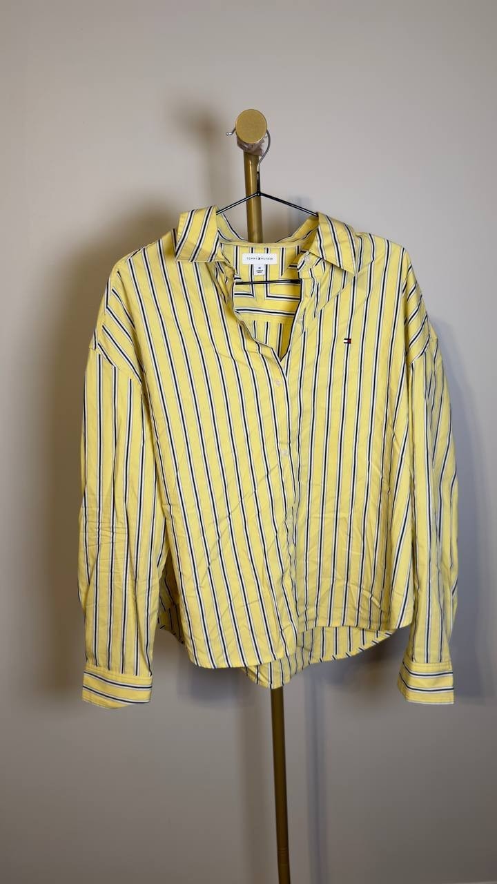 Tommy Hilfiger Boxy Cotton Shirt Licorice Stripe Citronella 38 NWOT $79.50