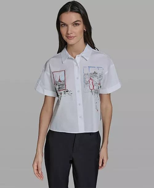 Karl Lagerfeld Paris Cropped City Scene Collared Top White S NWT $109