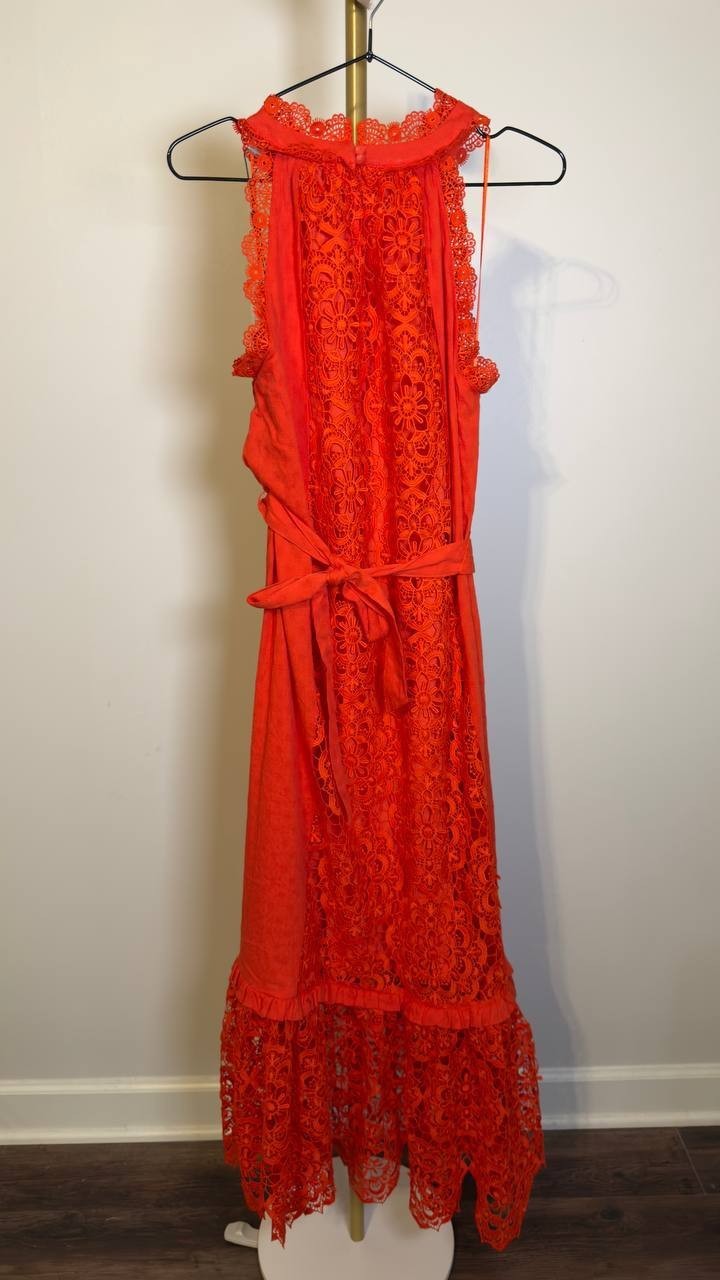 T Tahari Sleeveless Halter Lace Maxi Dress Bright Poppy S/P NWT $178