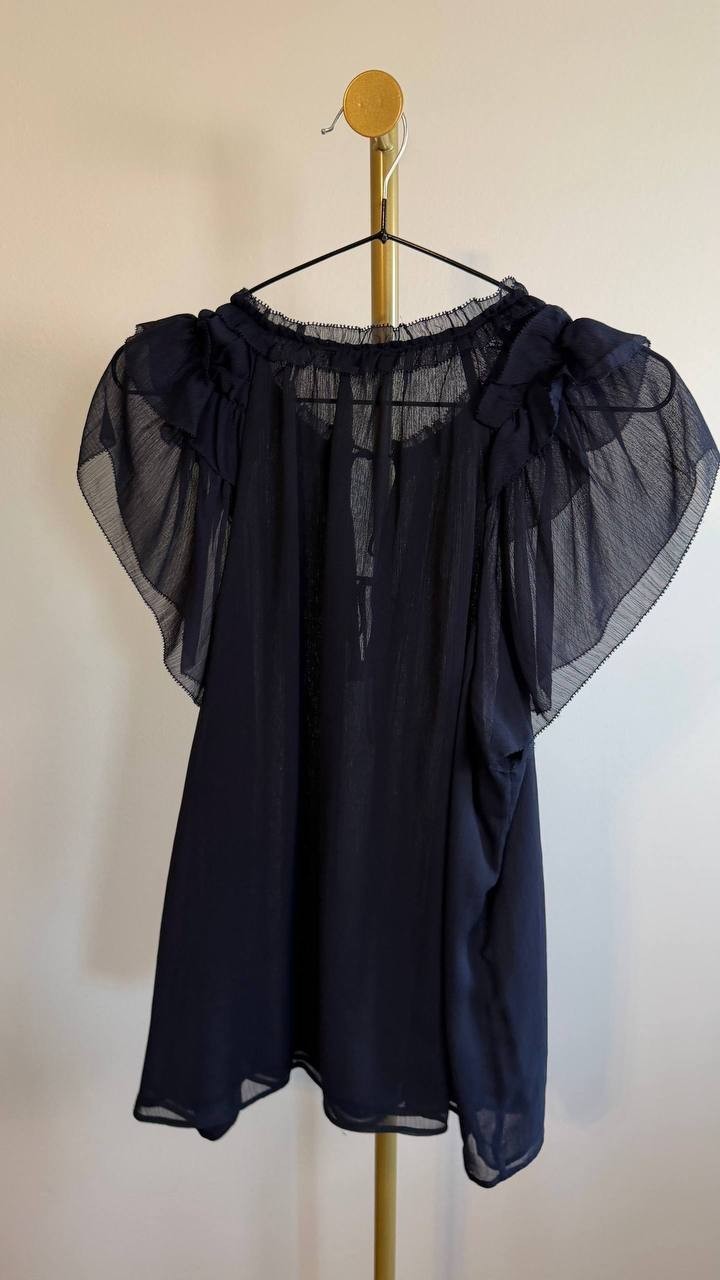 ommy Hilfiger Women’s Split‑Neck Flutter‑Sleeve Blouse Midnight L $79 NWT
