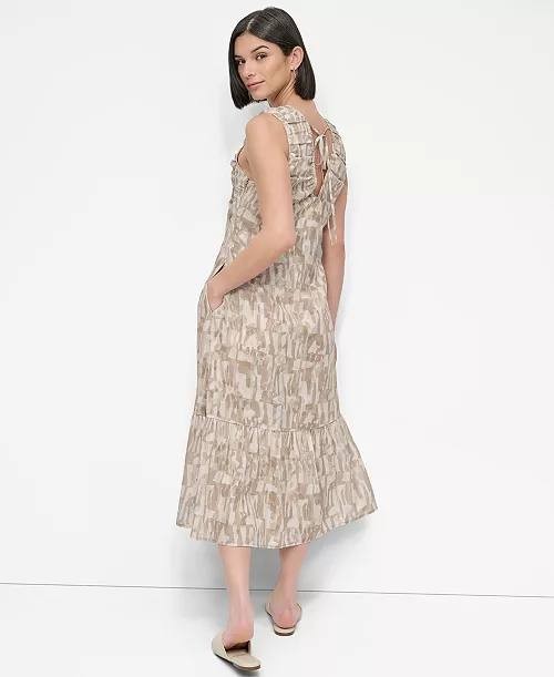 DKNY City Burnout Beaded‑Trim V‑Neck Dress Beige M NWT $139