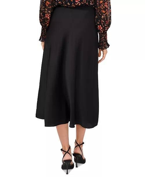 CeCe Skirt L Black Satin A-Line Midi Side Zip Snag Flawed Hem Feminine NWT