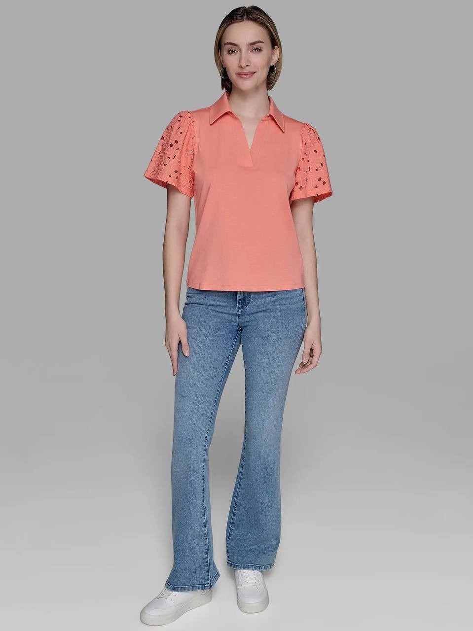 Karl Lagerfeld Eyelet Sleeve Blouse Orange XS NWOT $99