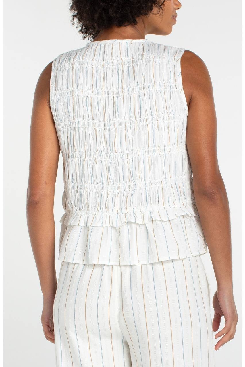 Liverpool LA Stripe Smocked Tie Sleeveless Cotton Tank Cream Blue S NWOT $89