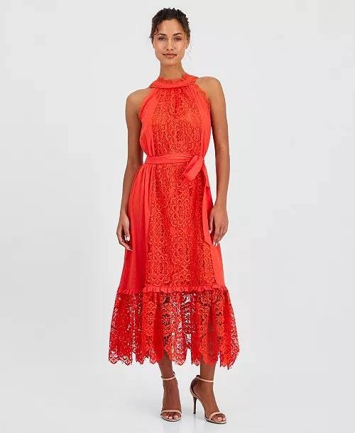T Tahari Sleeveless Halter Lace Maxi Dress Bright Poppy S/P NWT $178