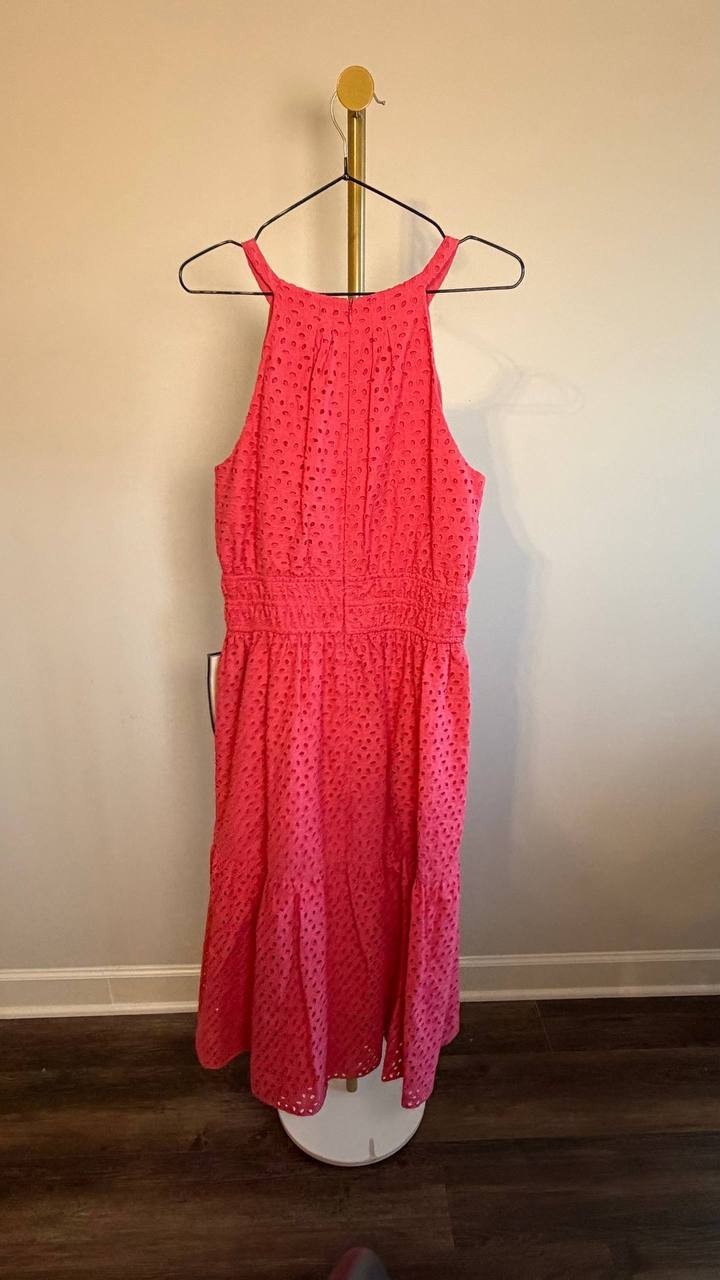 Vince Camuto Petite Cotton Tie‑Neck Tiered Dress Coral 12 NWOT $158