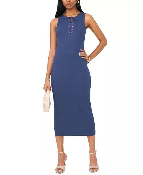 1.STATE Dress XL Blue Cotton Lace-Up Bodycon Sleeveless Midi Pullover NWT