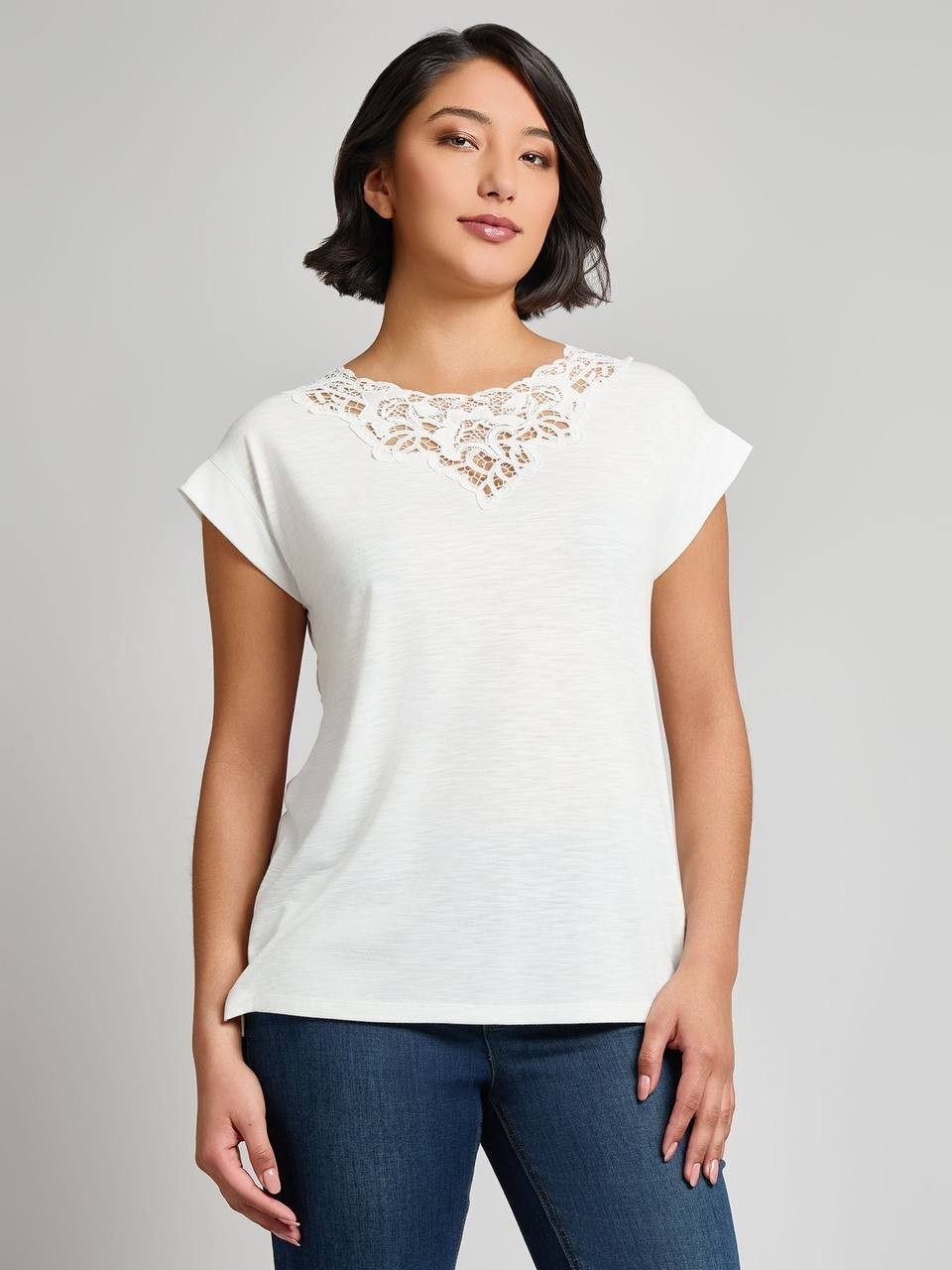 Jones New York Dolman Top Inset Lace White Crew Neck Size M NWT$69 needs washing