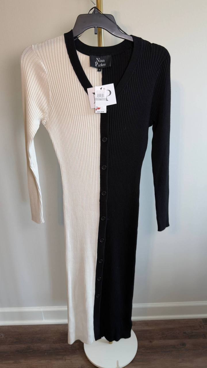 Nina Parker Plus Size Ribbed Button‑Front Dress Black White 1X NWT $99