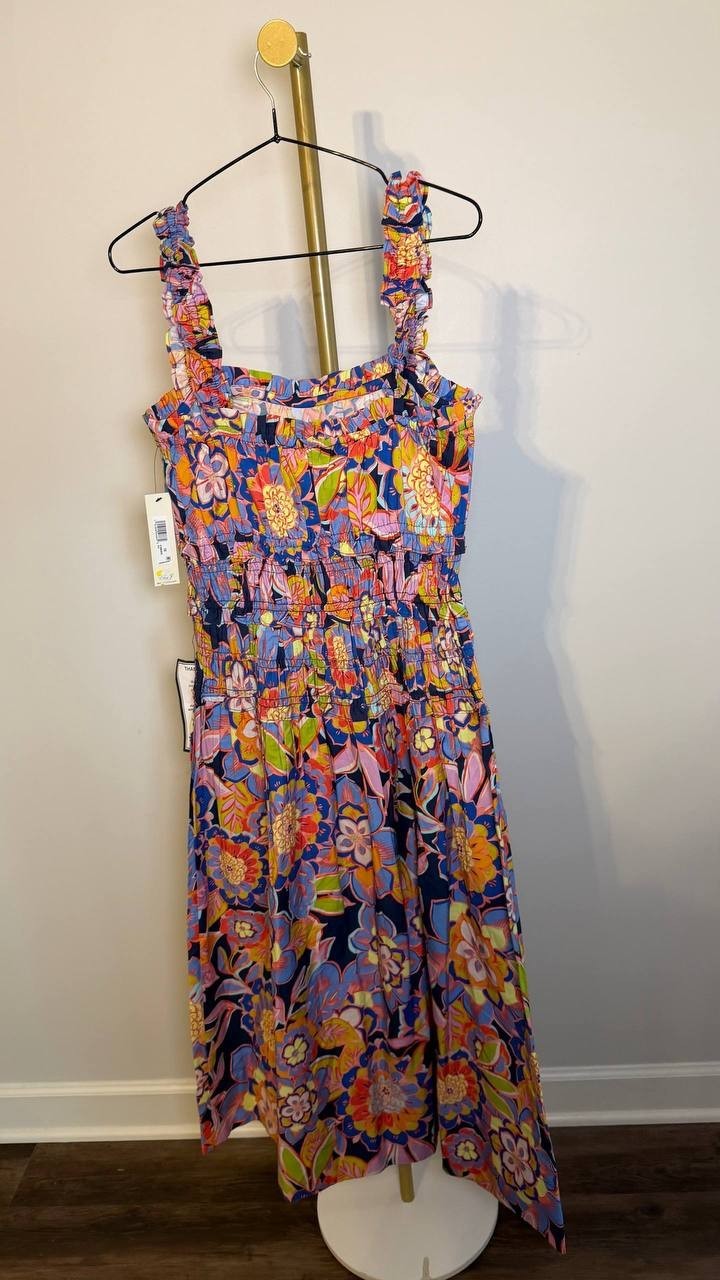 Eliza J Cotton Smocked-Waist Floral Midi Dress Multi 10 NWT $138
