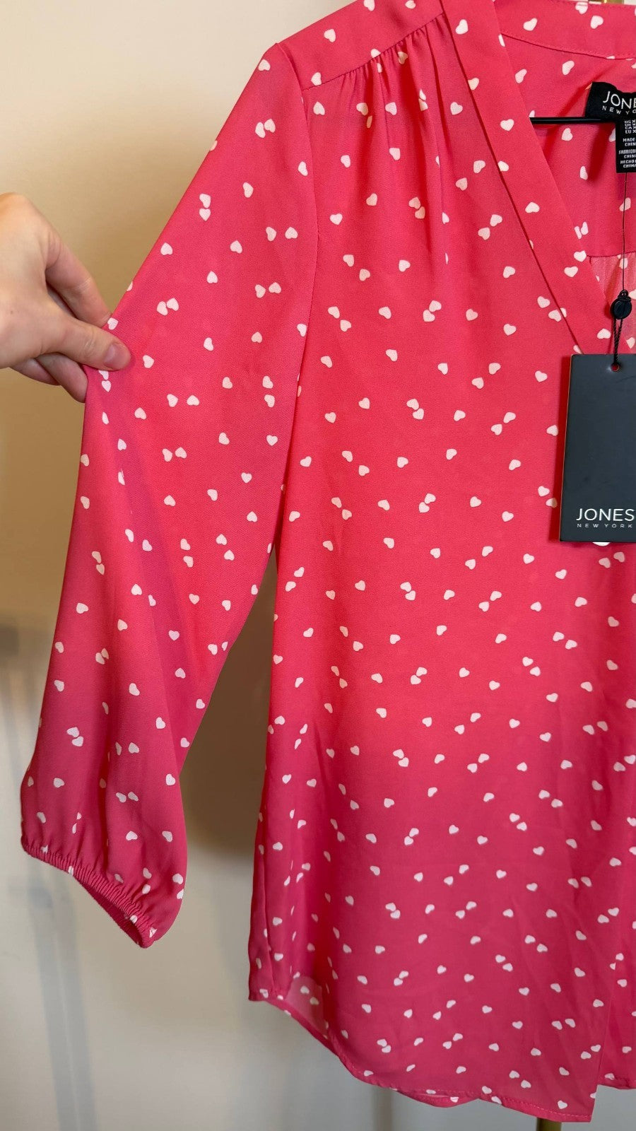 Jones New York Women’s Heart‑Print 3/4‑Sleeve Top Pink White $69 NW