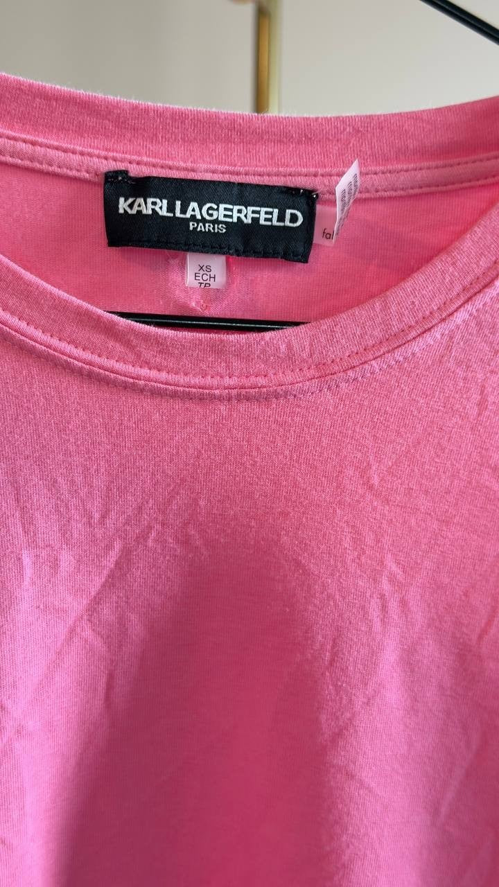 Karl Lagerfeld Cotton & Modal Floral Lace Hem Tee Pink Carnation XS NWT $79