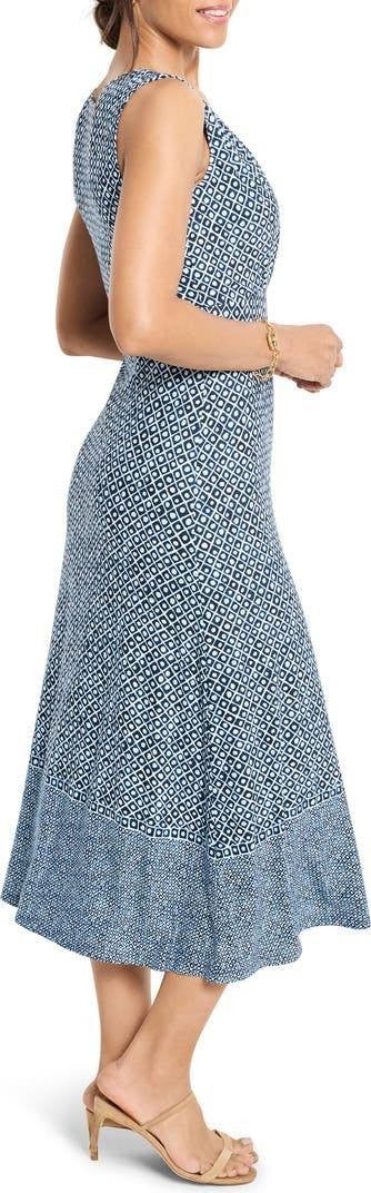 Nic + Zoe Ella Coastal Geo Print Fit & Flare Midi Dress Blue Multi L NWT