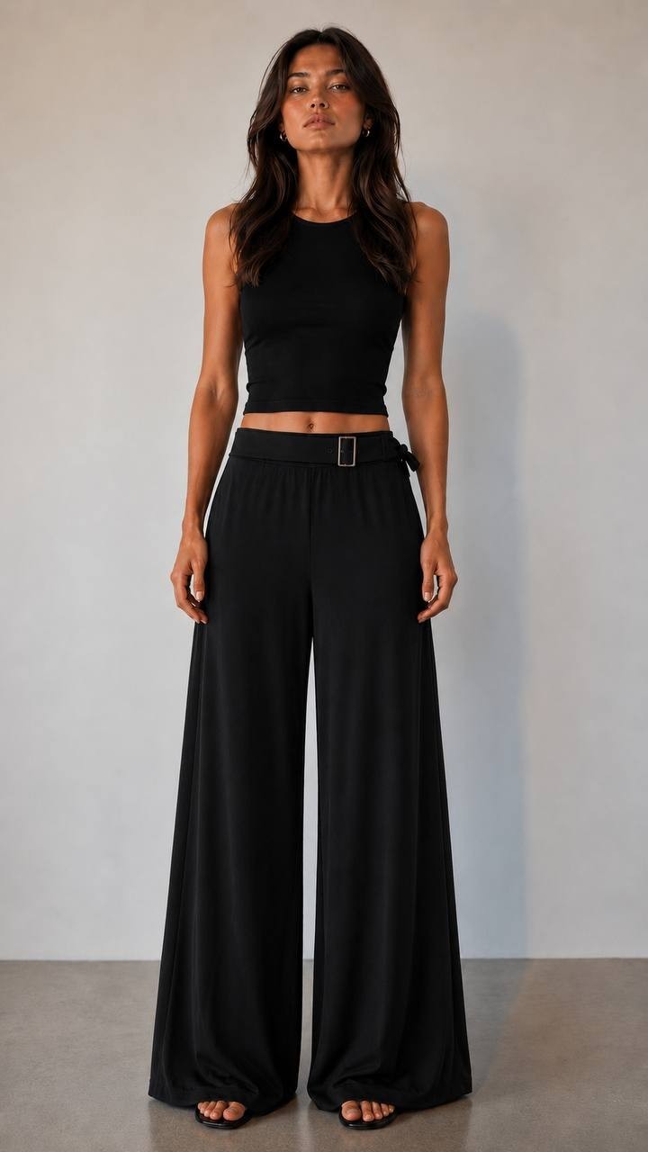 Anne Klein High‑Waist Belted Wide‑Leg Pants Black L NWT $79