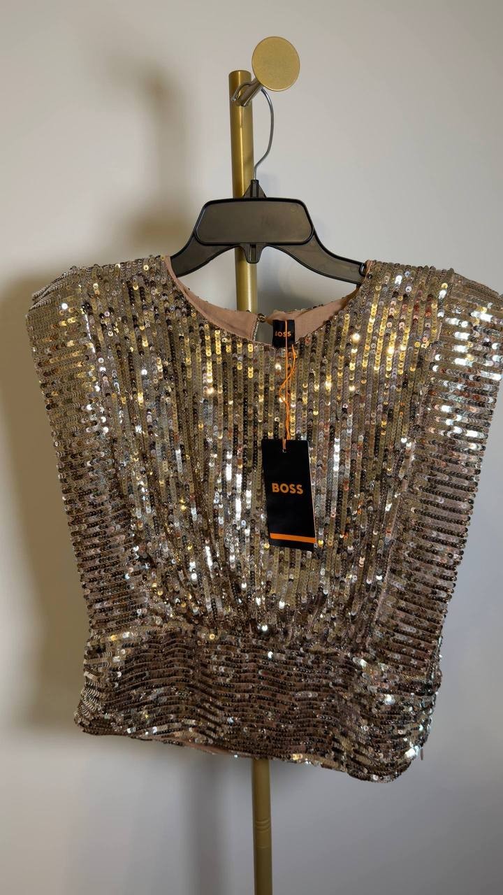 BOSS Illana Sequin Crop Top Gold Size 8 NWT $149