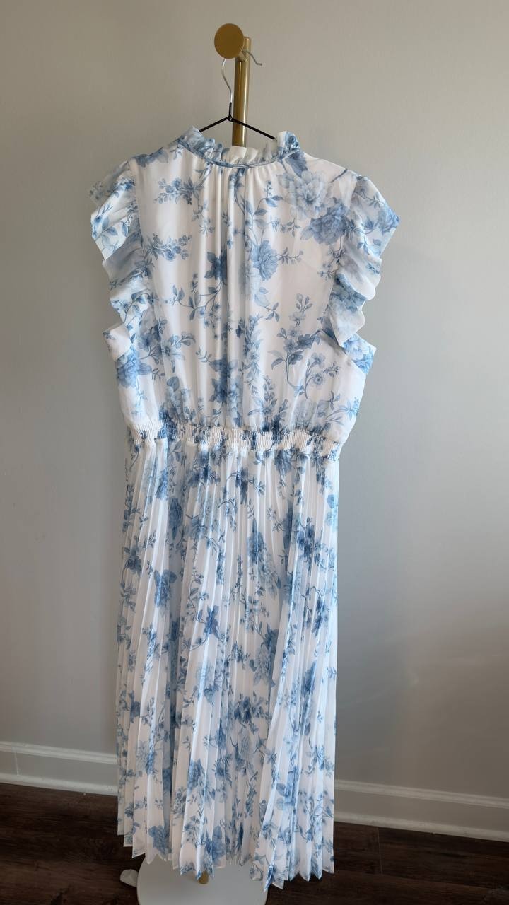 Anne Klein Pleated Flutter‑Sleeve Midi Dress Crisp White Multi 16 NWT $159