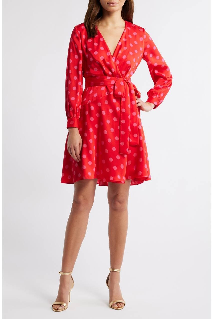 Anne Klein Long Sleeve Faux Wrap Dress Puppy/Fuschia Rose 10 NWT $139