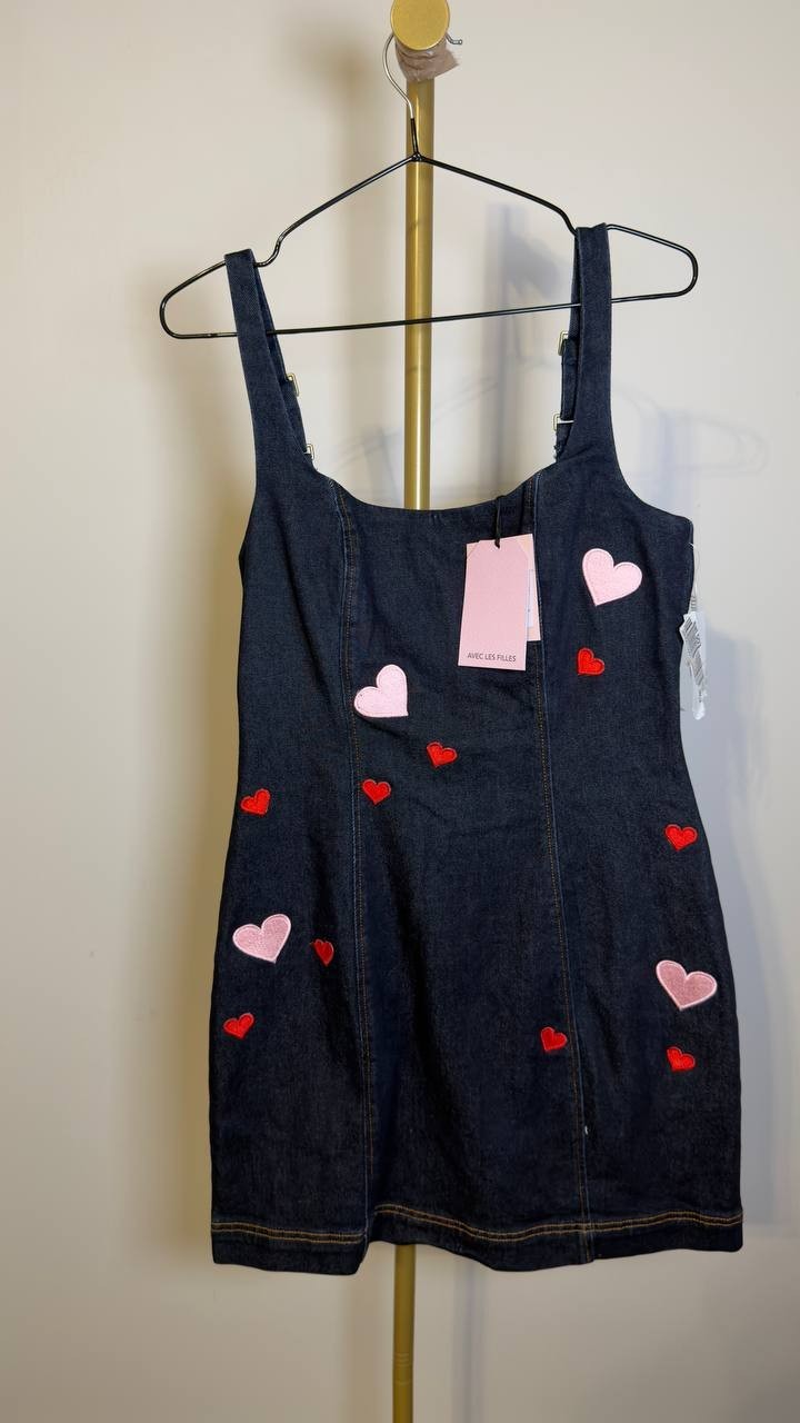 Avec Les Filles Heart Patch Applique Mini Dress Rinse Wash 8 NWT $138