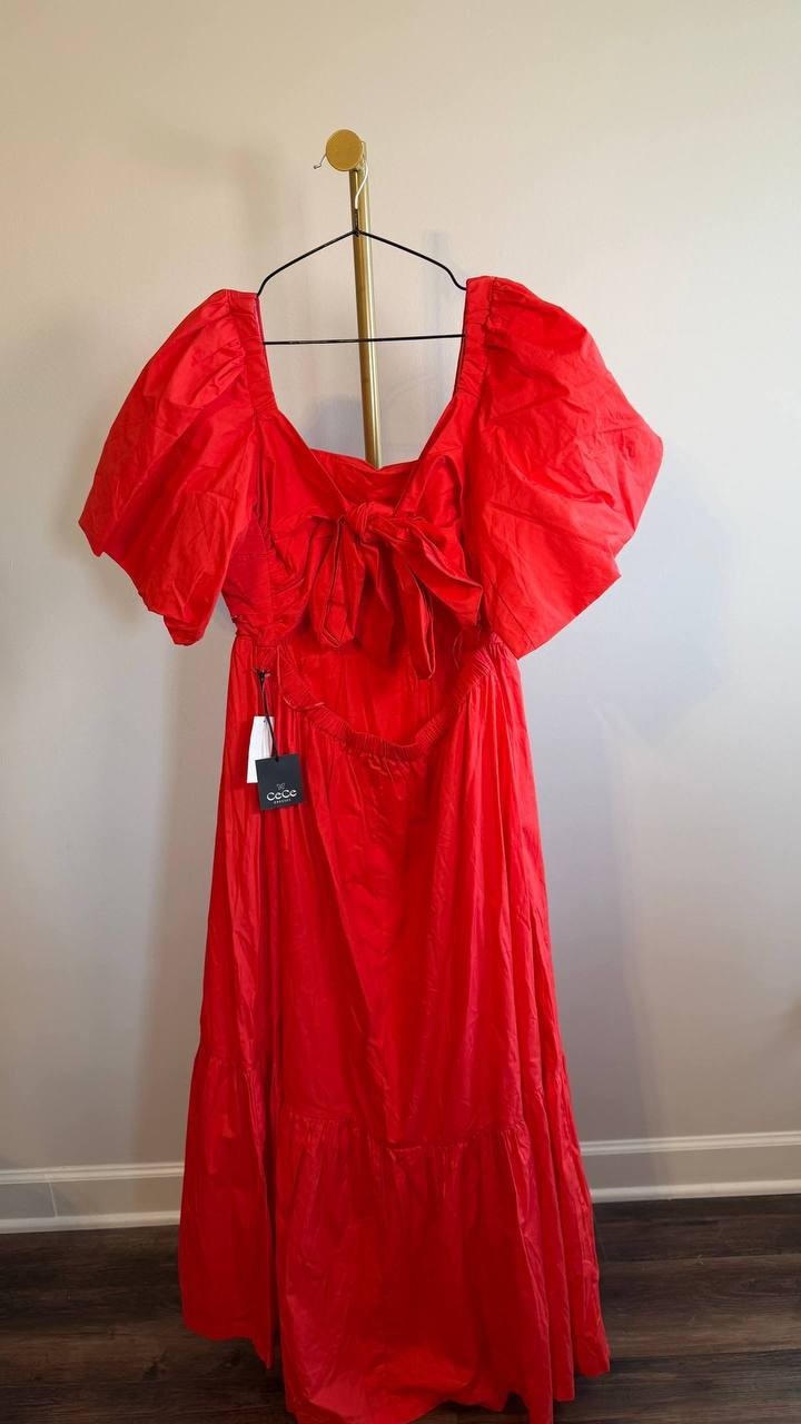 CeCe Square‑Neck Puff‑Sleeve Tie‑Back Maxi Dress Red L $109 NWT