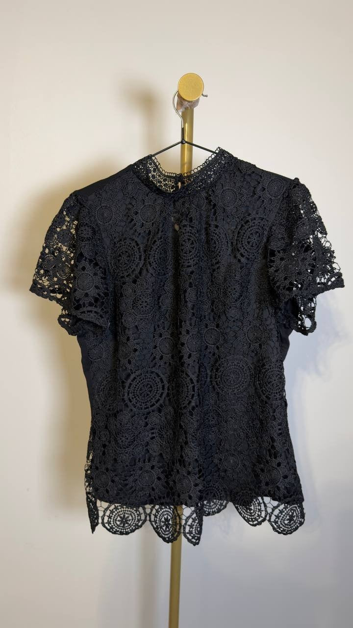Belldini Women’s Lace‑Front Mock‑Neck Top Black L NWT $59