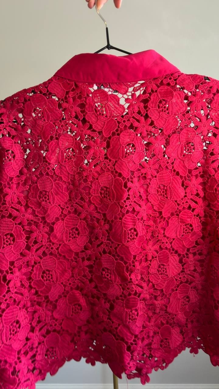 CeCe Lace Short‑Sleeve Button‑Up Top Red M NWT $99