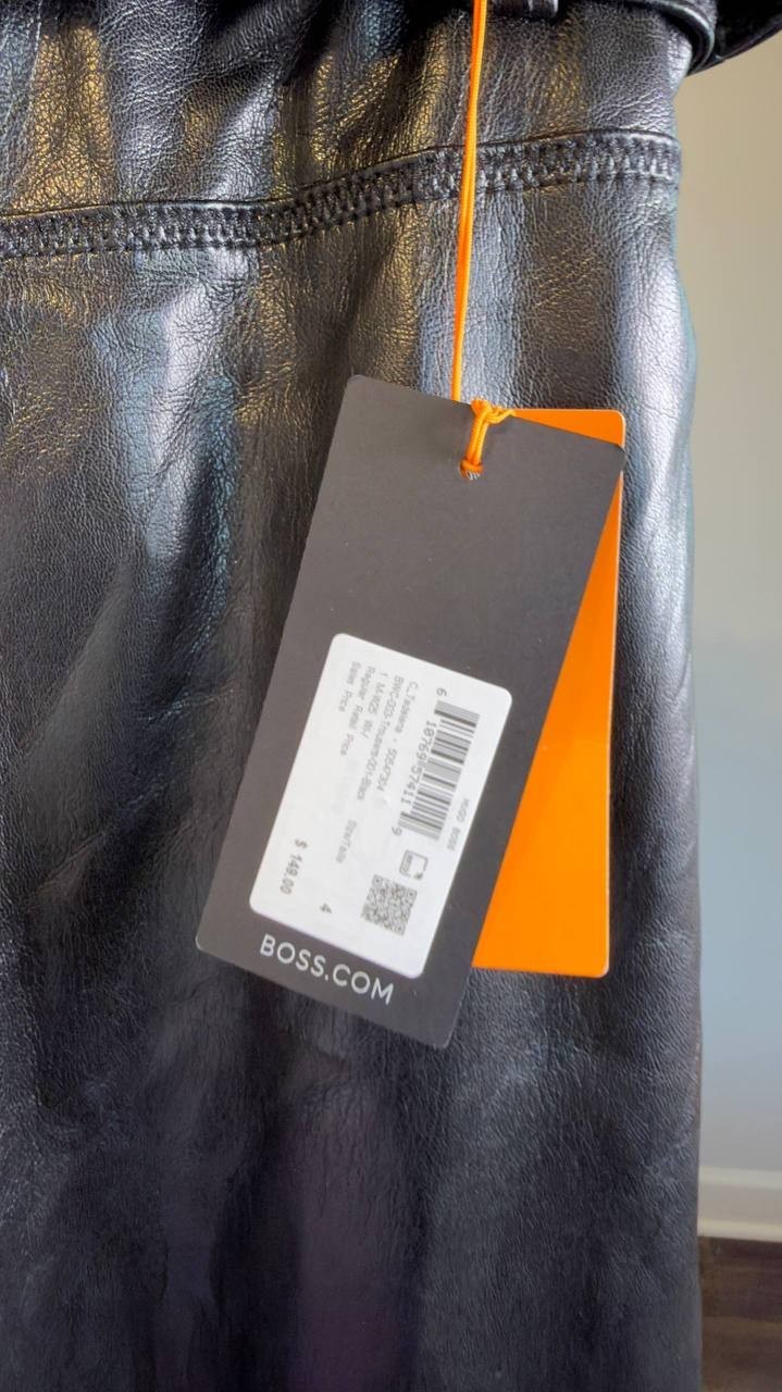 BOSS Faux Leather Straight‑Leg Pants with Belt Black 4 NWT $149