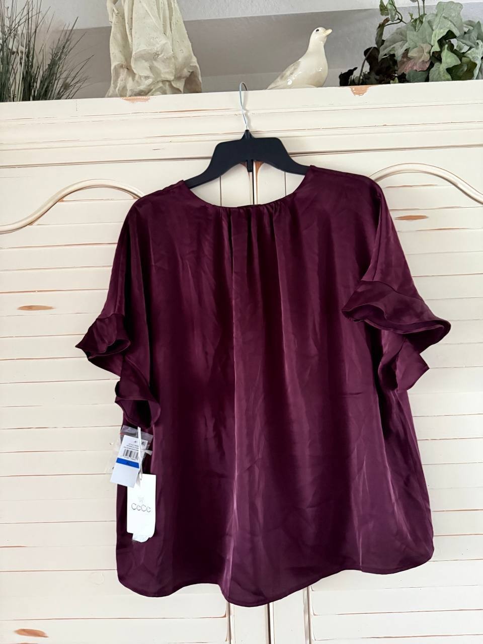 CeCe Flutter Sleeve Blouse Rich Cabernet XL New with Tags NWT Button Front