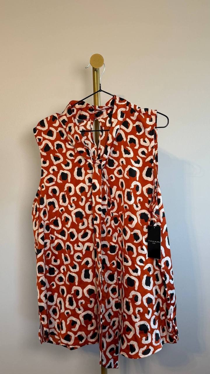 Tahari ASL Printed Sleeveless Tie‑Neck Blouse Orange Multi XL NWT $69