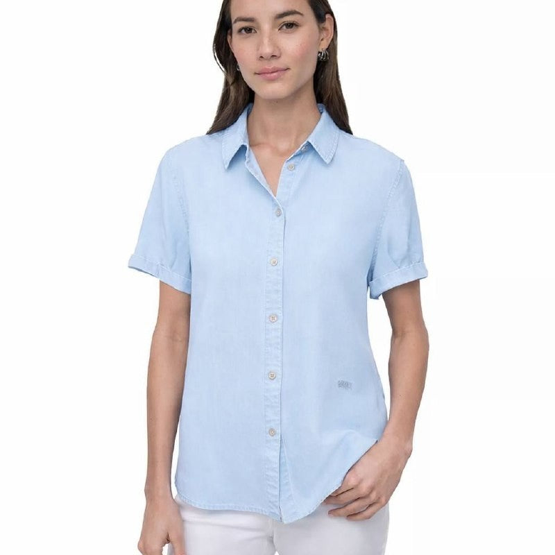 DKNY JEANS Blue Rolled Sleeve Shirt Size S NWT Casual Modern Top msrp$69