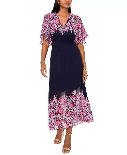 MSK Printed V-Neck Flutter-Sleeve Smocked-Waist Dress JBS Navy S NWOT $89