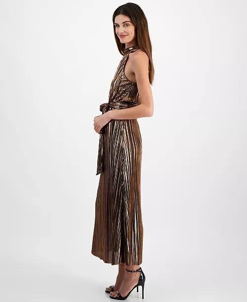Anne Klein Metallic Mock‑Neck Halter Dress Bronze XS NWT $159